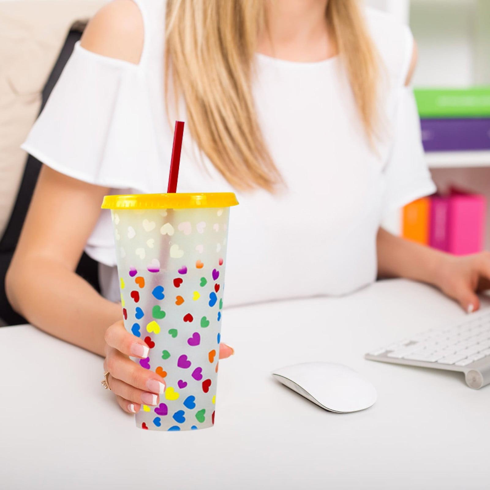 TRIEIY 710ml Color Changing Cups with Lids & Straws, Cold Temp Sensitive Transparent PP Plastic Love Cup - Clearance