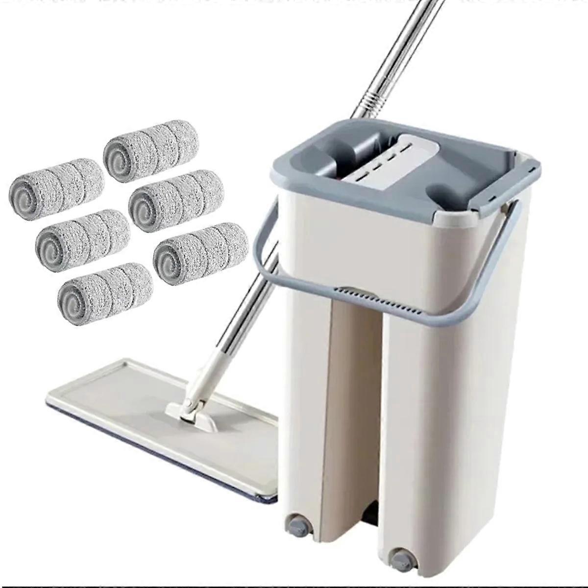 Bucket Squeeze Flat Mop Hands Free Wringing Floor Cleaner with Microfiber Pads for Wet Dry Hardwood Laminate