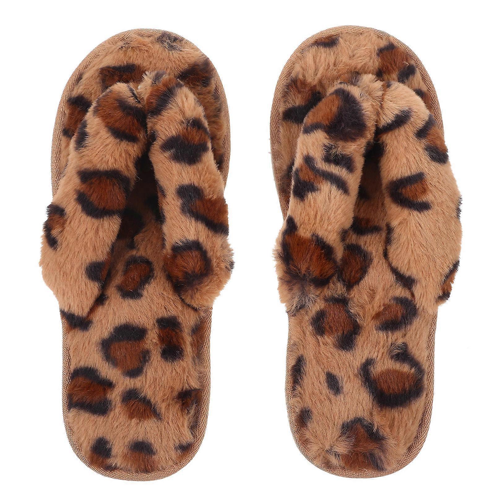 Slippers For Women Leopard Pattern Warm Slippers Plush Indoor Use Non-Skid Comfortable Size 37/38 1 Pair