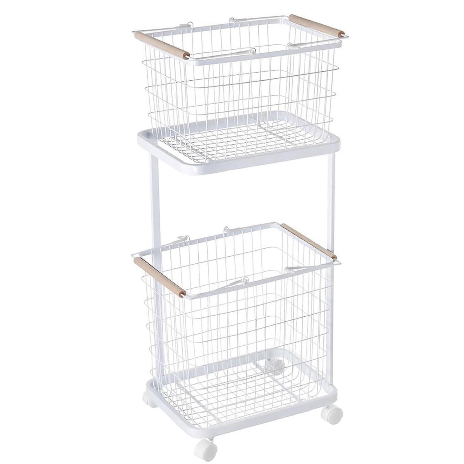 2 Tier Large Capacity Rolling Laundry Hamper Wire Basket Metal, Sorting Storage Trolley With Wheels, White