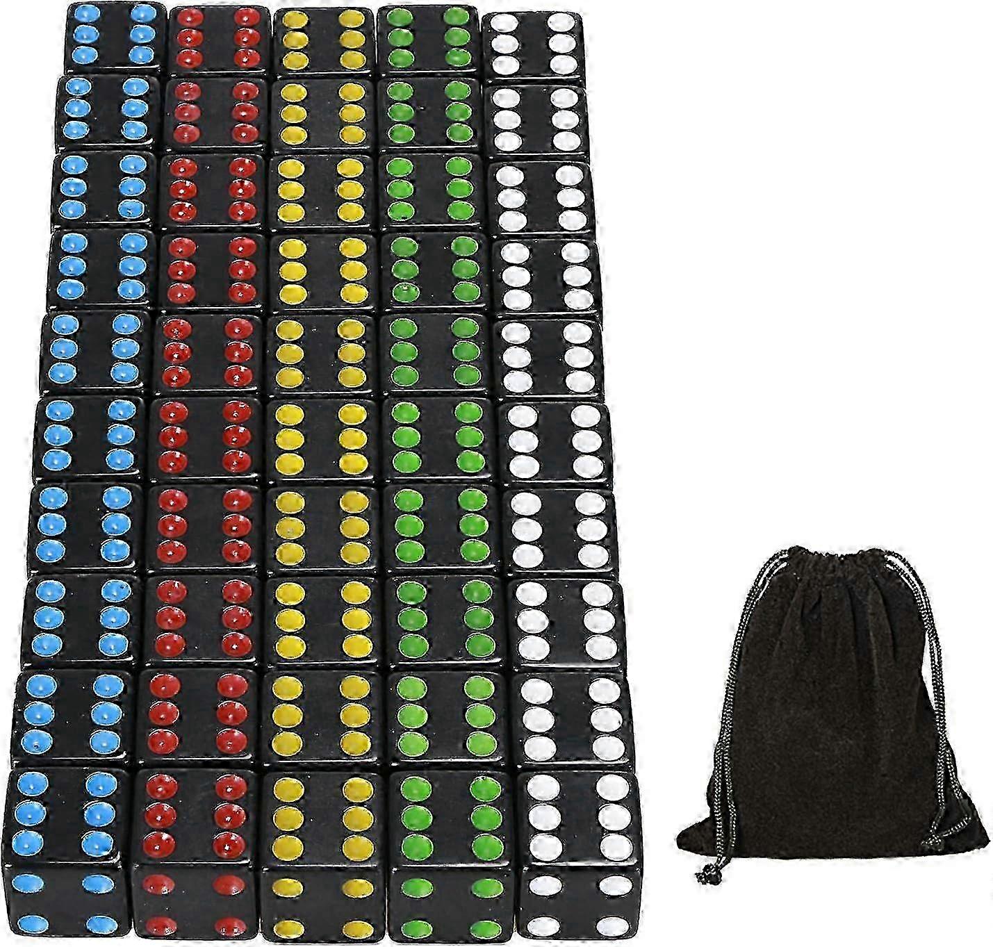 50pcs D6 Game Dice Set with Bag - 16mm Black 6-Sided Dice ws