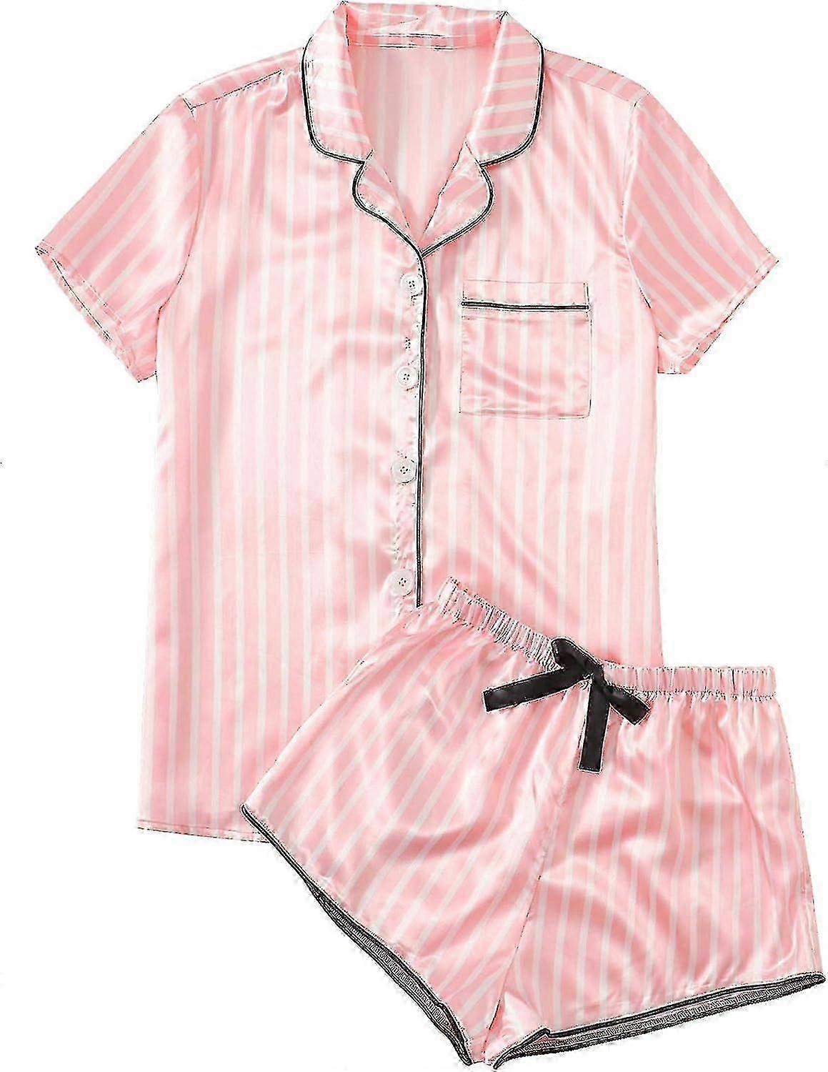 نسائي ساتان ملابس نوم قصيرة الأكمام زر قميص وشورت بيجامة مجموعة حريري PJ