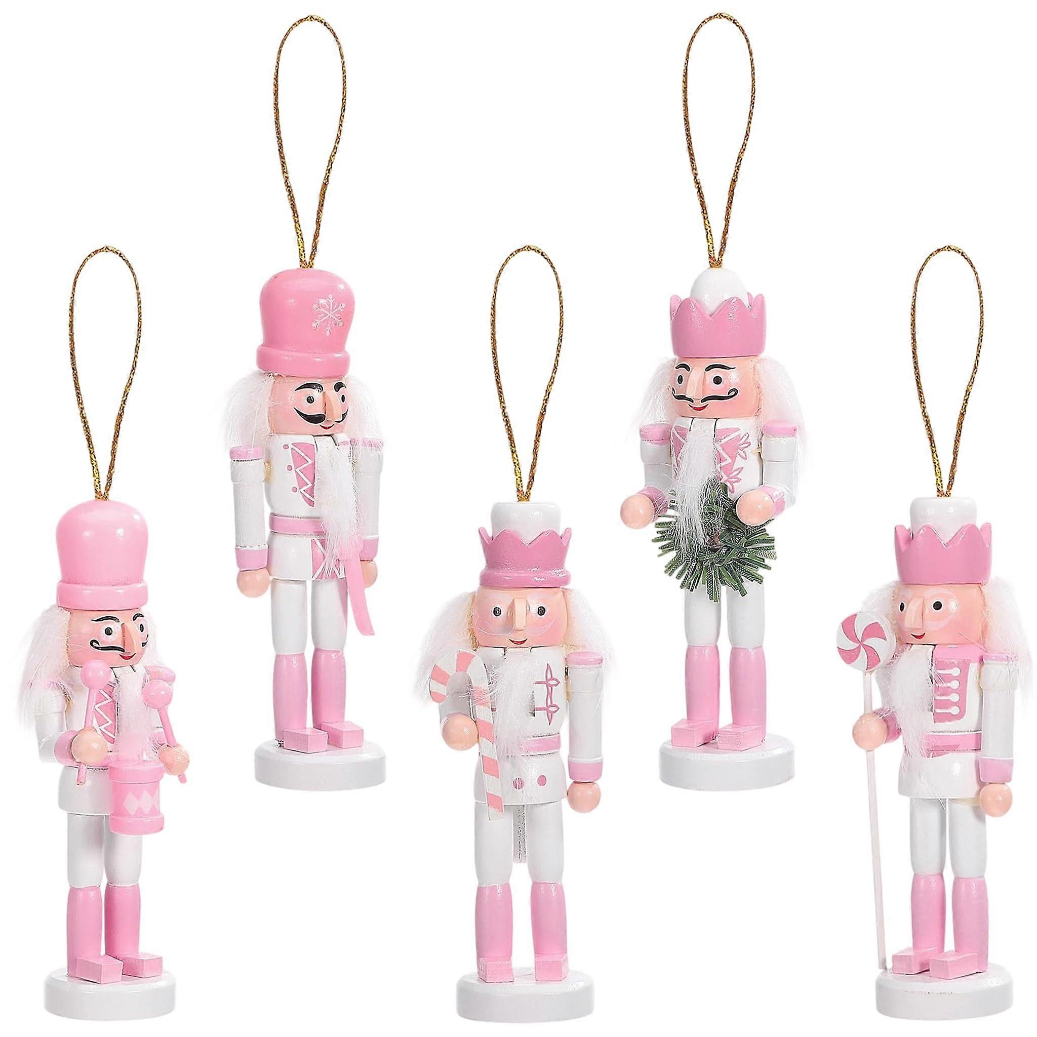 5 PCS Christmas Nutcracker Ornaments Set, 5 Inch Pink Wooden Nutcracker Decorations for Tree and Table