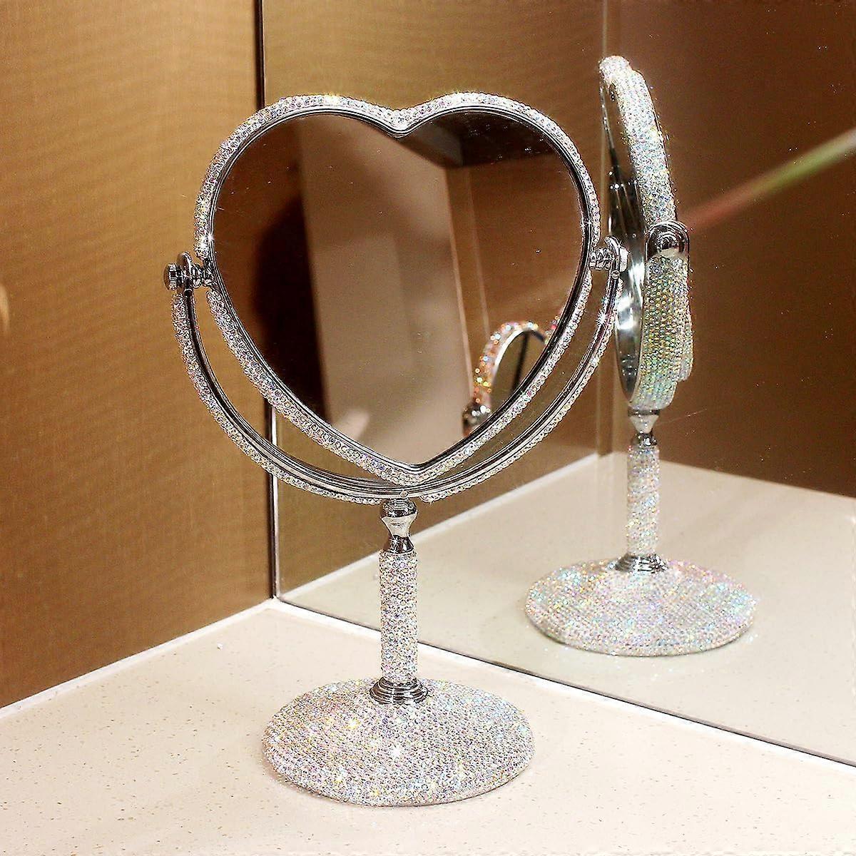 Vanity Makeup Mirror with DualSided Magnification, 360° Swivel, Rhinestone Heart Design, Silver