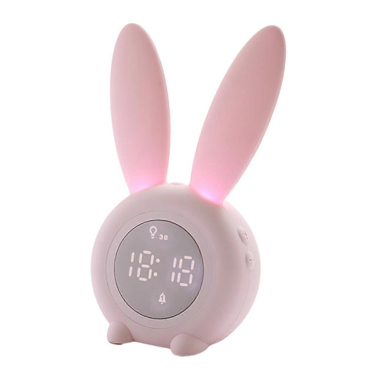 Bunny Ear Alarm Clock with LED Night Light, USB Rechargeable, Voice Control, Snooze, Pink