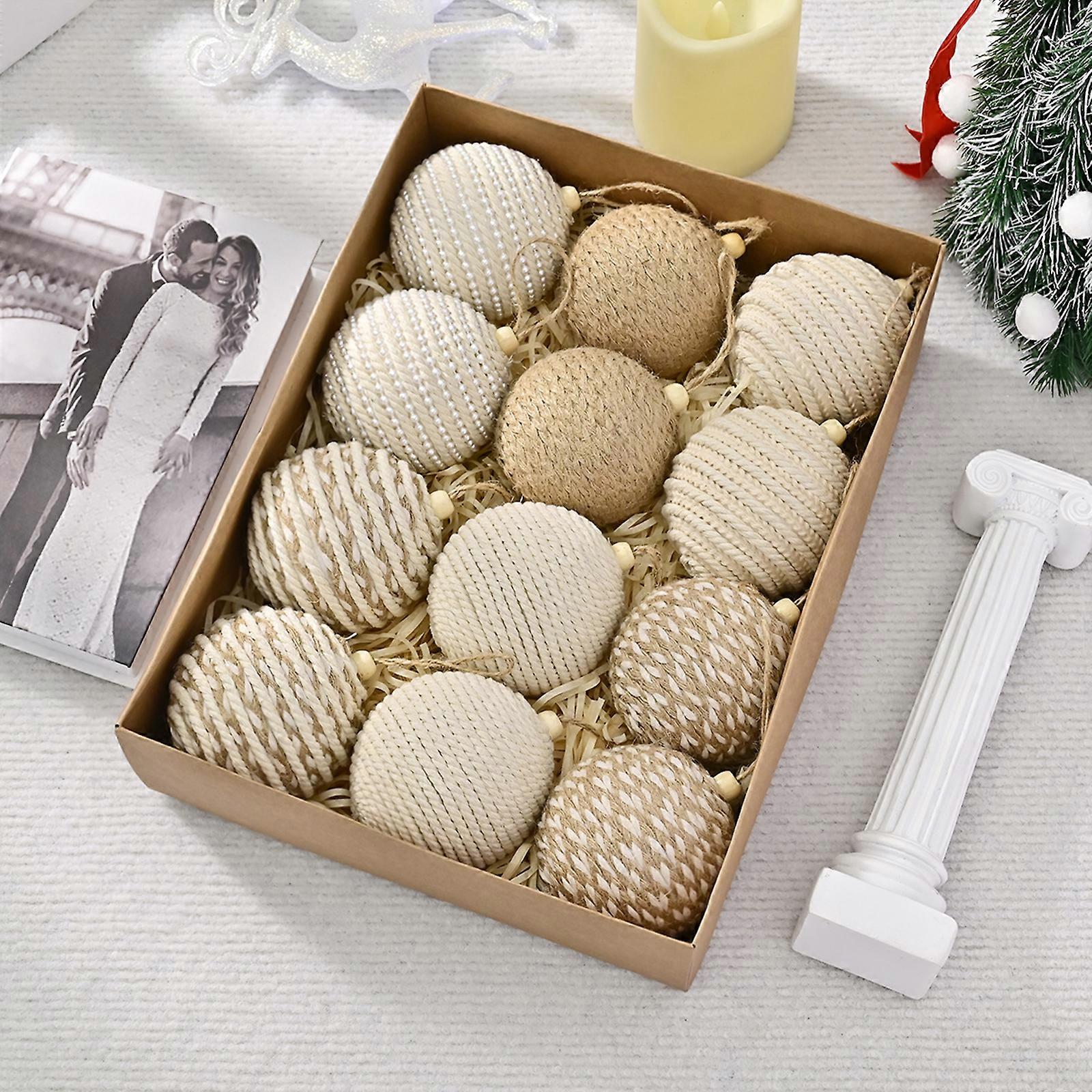 Boules de no?l en corde de chanvre envelopp��es de no?l, 12 pi��ces, coffret cadeau de d��coration de no?l, ornements d'ambiance Festive