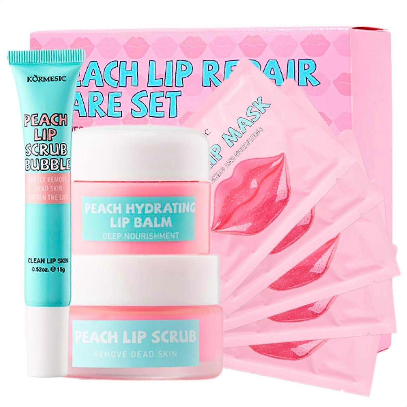 Peach Lip Care Kit with Lip Scrub for Deep Hydration and Plumping, 5 Piece Moisturizing Set