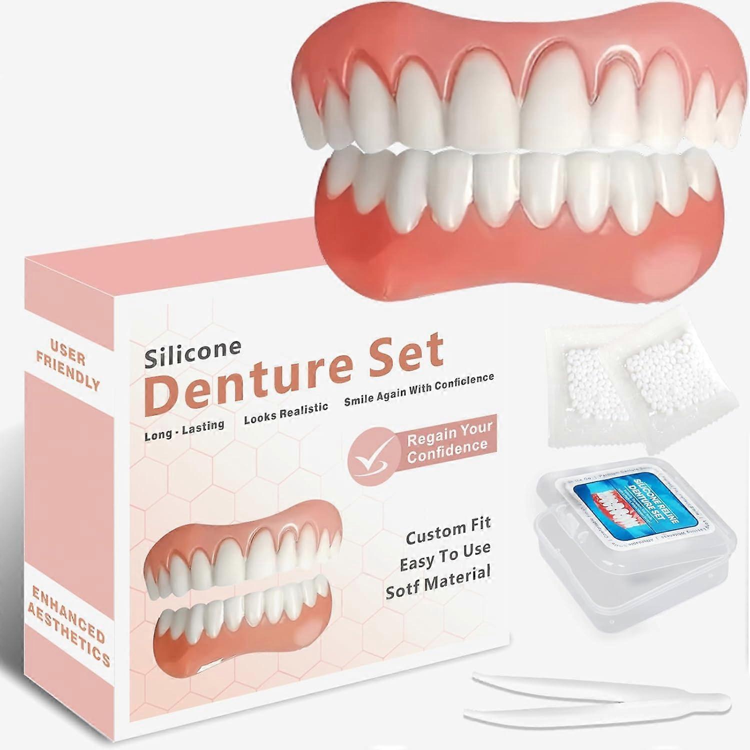 Dentures Fake Teeth Silicone Veneers Upper and Lower Kit, Fast Custom Fit for Missing Teeth