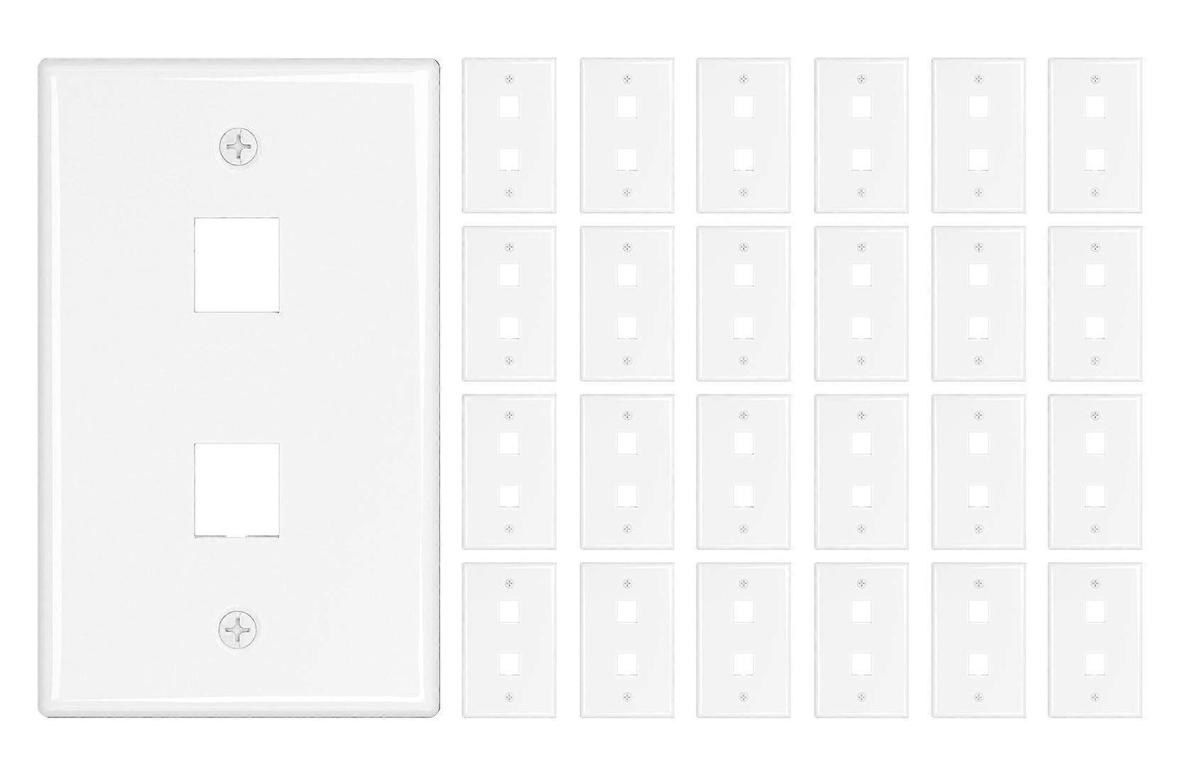 Ethernet Wall Plate 2 Port Low Profile Keystone Jack, Versatile 25 Pack Bundle, White