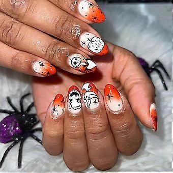 Halloween-Kunstnägel zum Aufkleben, kurze Mandelform, weiß, Vollabdeckung mit verschiedenen Designs, 24-teiliges, wiederverwendbares Set