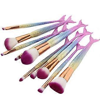 Coshine 10pcs/set Unique Mermaid Nylon Hair Makeup Brush Set Cosmetic Tools Kits (3D Rainbow)