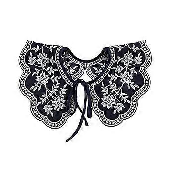 Vintage Embroidered Fake Collar Detachable, Retro Style Black Blouse Collar with Floral Design and Ribbon Tie, Elegant Half False Shirt Accessory for 