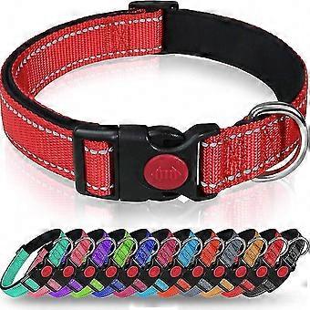 Classic Adjustable Reflective Nylon Dog Collar with Soft Padding - Red, Size M