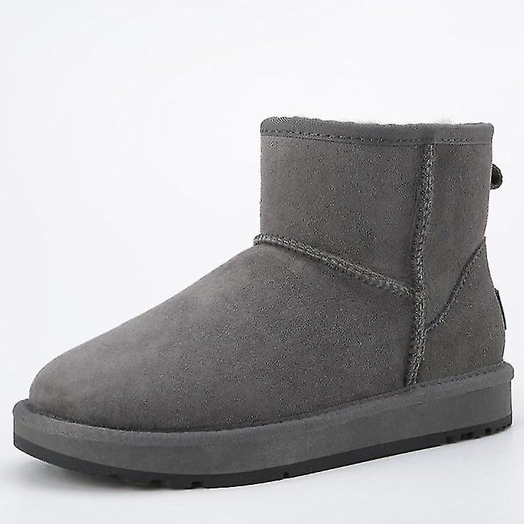 Classic Men Mid-calf Leather Wool Fur Winter Boots - Grey
