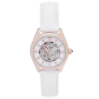 Empress Magnolia Automatic MOP Skelett Zifferblatt Lederarmband Uhr - Weiß/Roségold