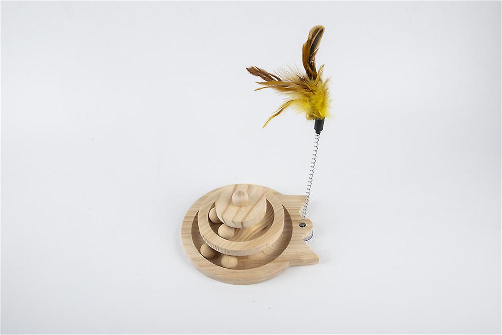 Wooden Cat Ball Track Toy Double Layers Cat Tower Roller Toys With Feather Stick