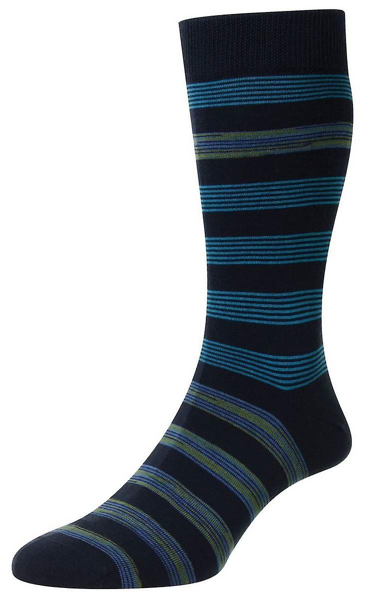 Pantherella Rubra Block Stripe Space Dye Organic Cotton Socks - Dark Petrol/Blue