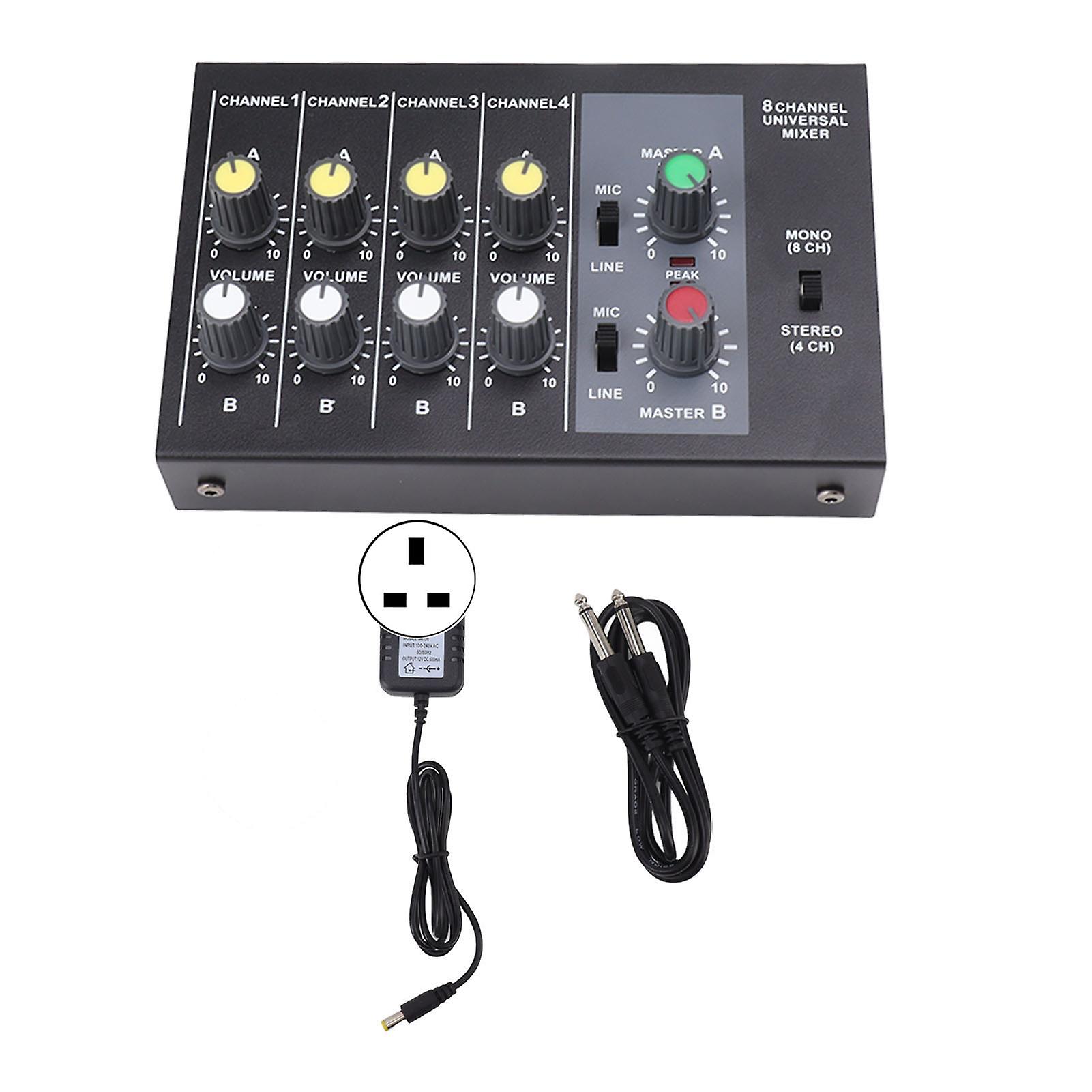 Compact 8-In 2-Out Sound Mixer with Stereo/Mono Channels for Studio & Live Venues – UK Plug