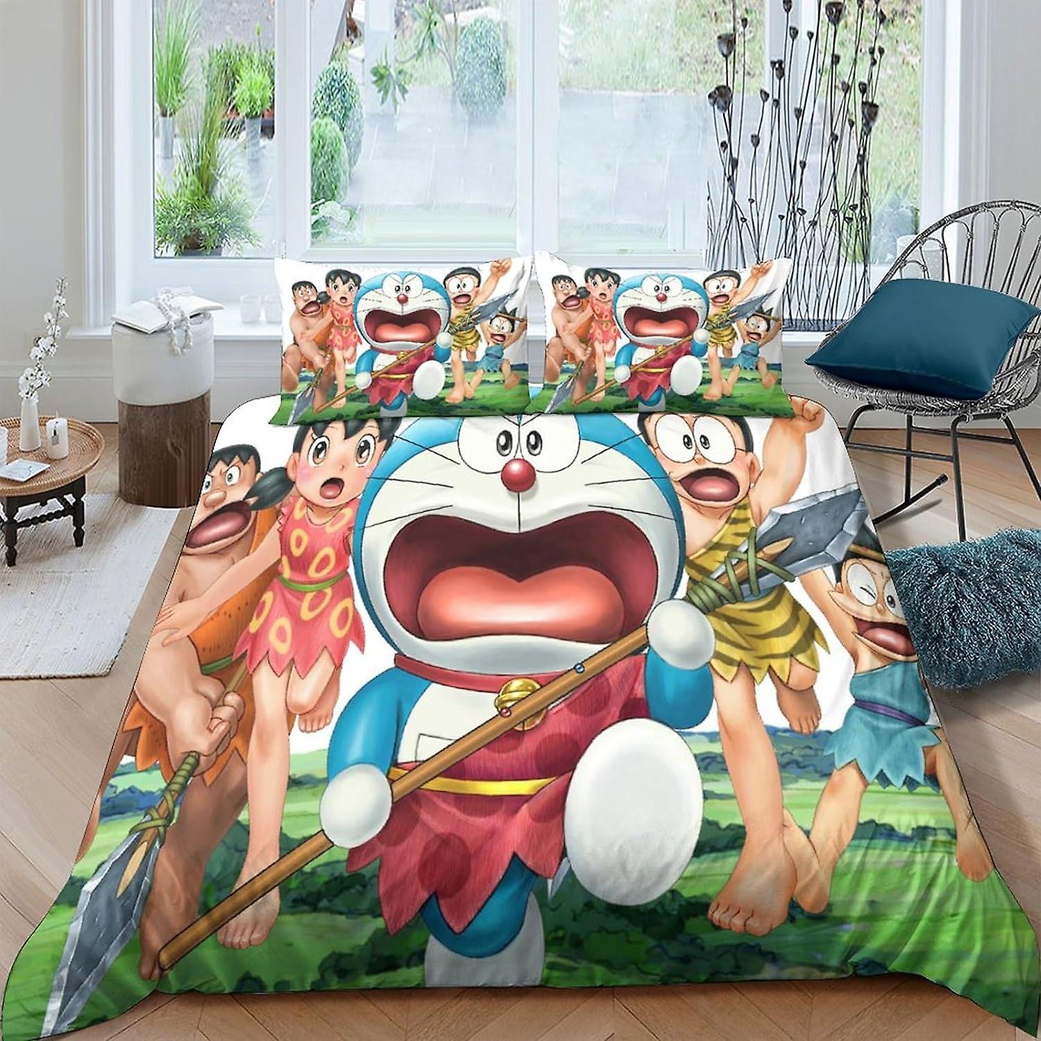 VCLUST Doraemon Beddengoed Dekbedovertrek Set Microvezel Little Blue Cat Dekbedovertrek 3D Print Dekbedovertrek met 3-delige set kussenslopen voor kinderen, Adu