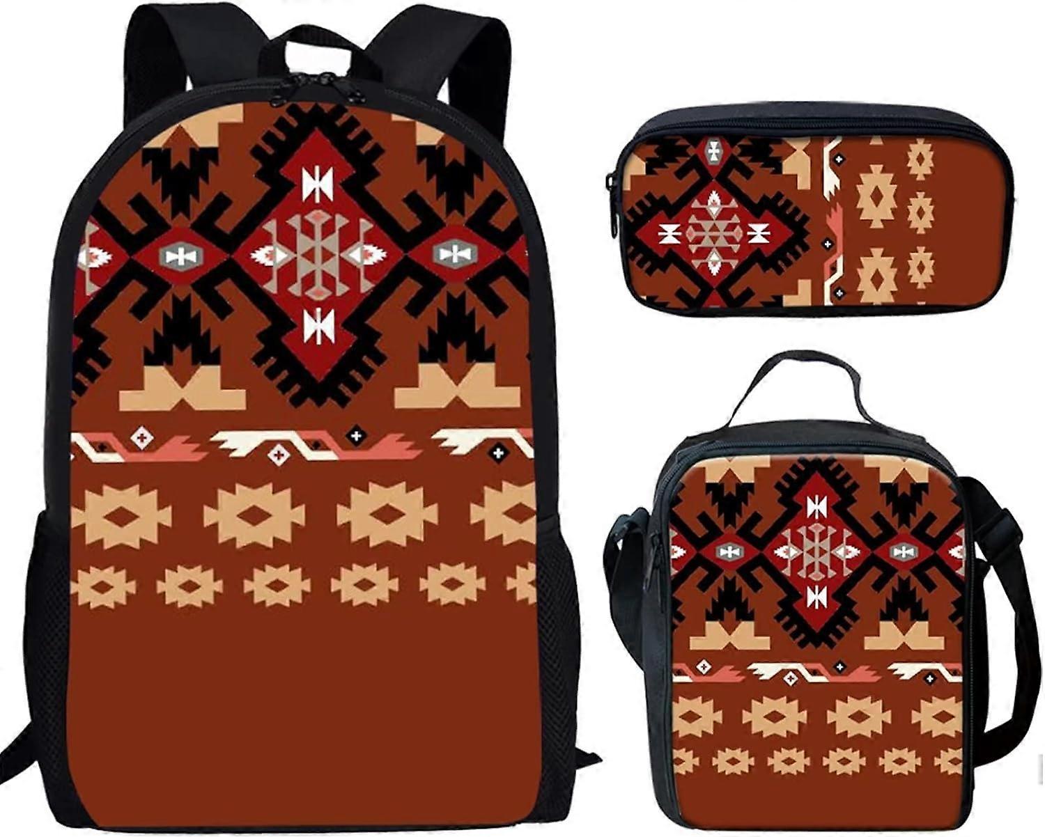 ネイティブアフリカンナバホプリントキッズバックパックキャンバススクールバッグとランチボックスペンシル財布3パック