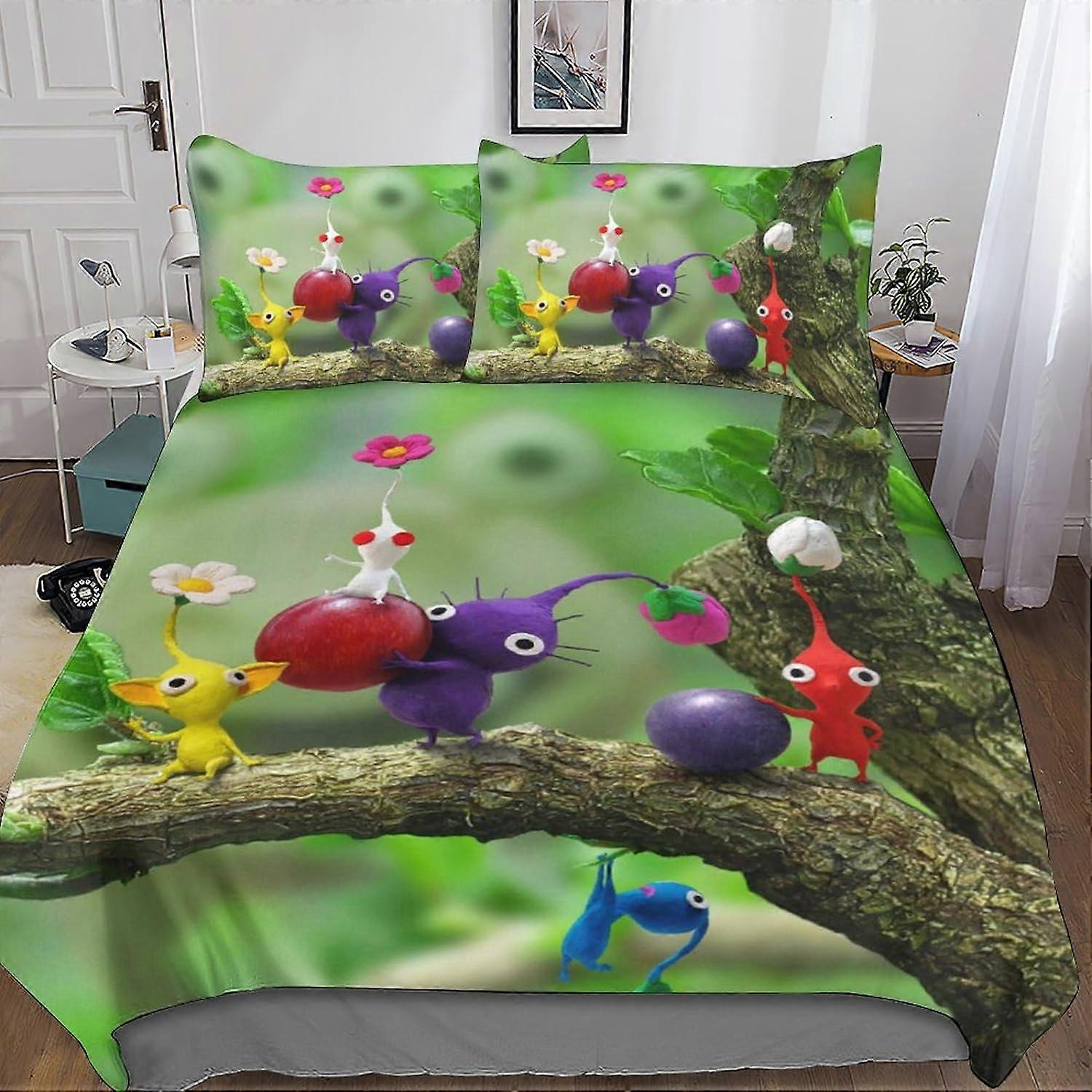 Pikmin en Olima Dekbedovertrek 3 Stuks 3D-printen Microvezel met Kussensloop Ritssluiting Dekbedovertrekken Beddengoed Set met