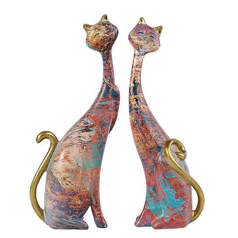 Oil Painting Cat Statues Home Decor Set of 2, Cat Sculptures and Figurines 9.6-Inch Resin Art Sculptures, Cat Couple Statue for Bookshelf & Desktop, D
