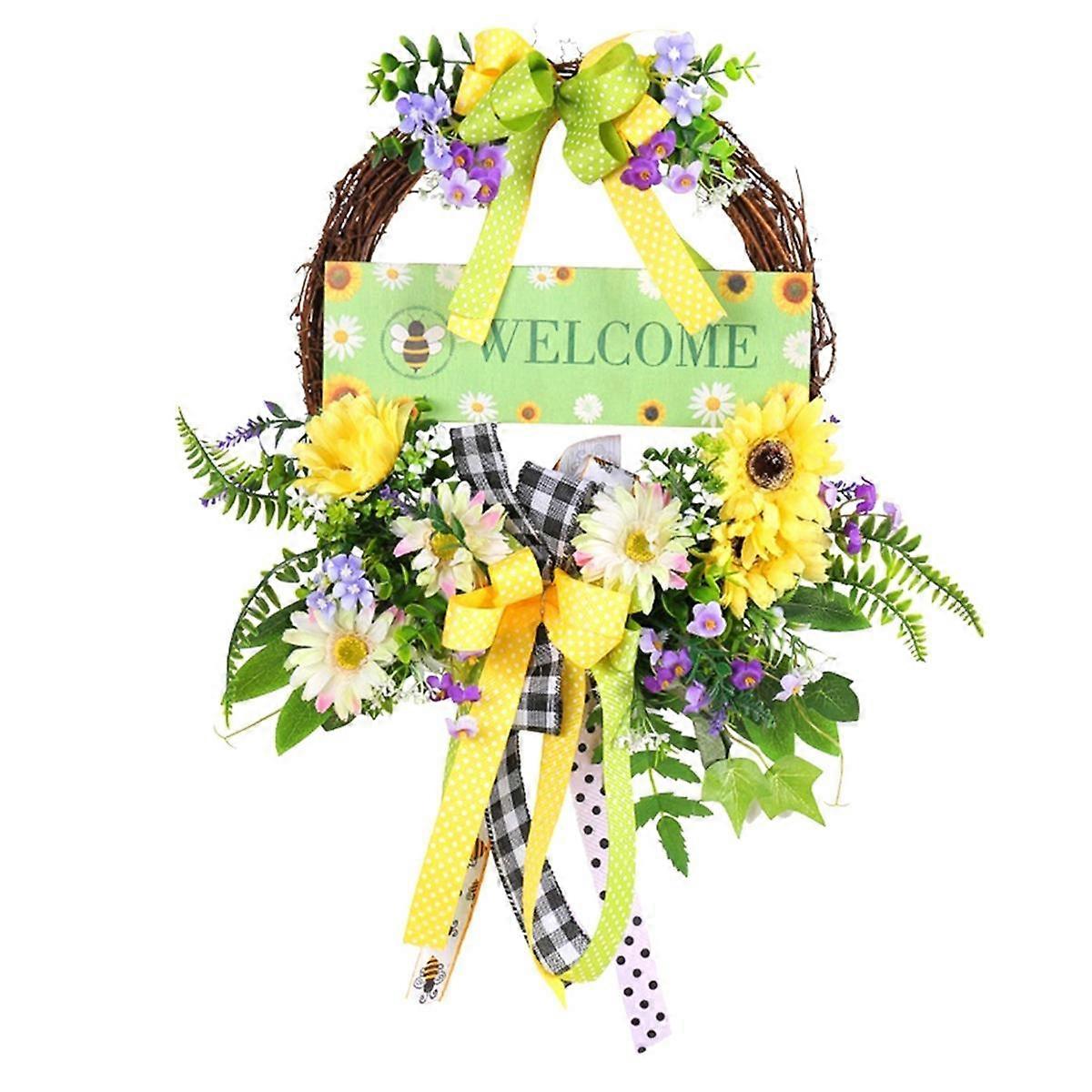 Spring Daisy Wreaths for Front Door, Artificial Spring Summer Door Wreaths with Bow Green Leaf, Far