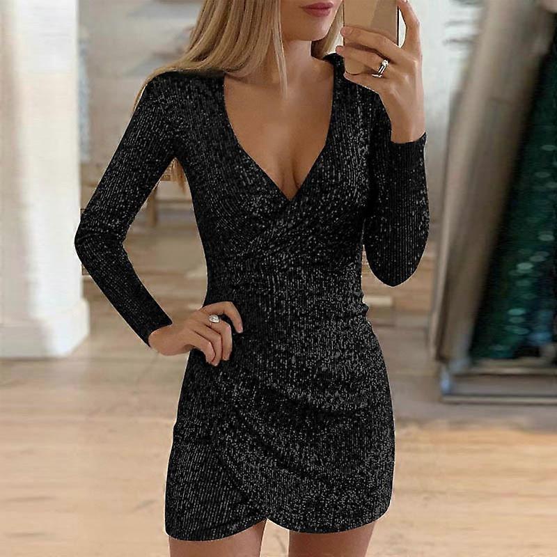 Sequin Wrap V Neck Long Sleeve Mini Dress for Elegant Parties
