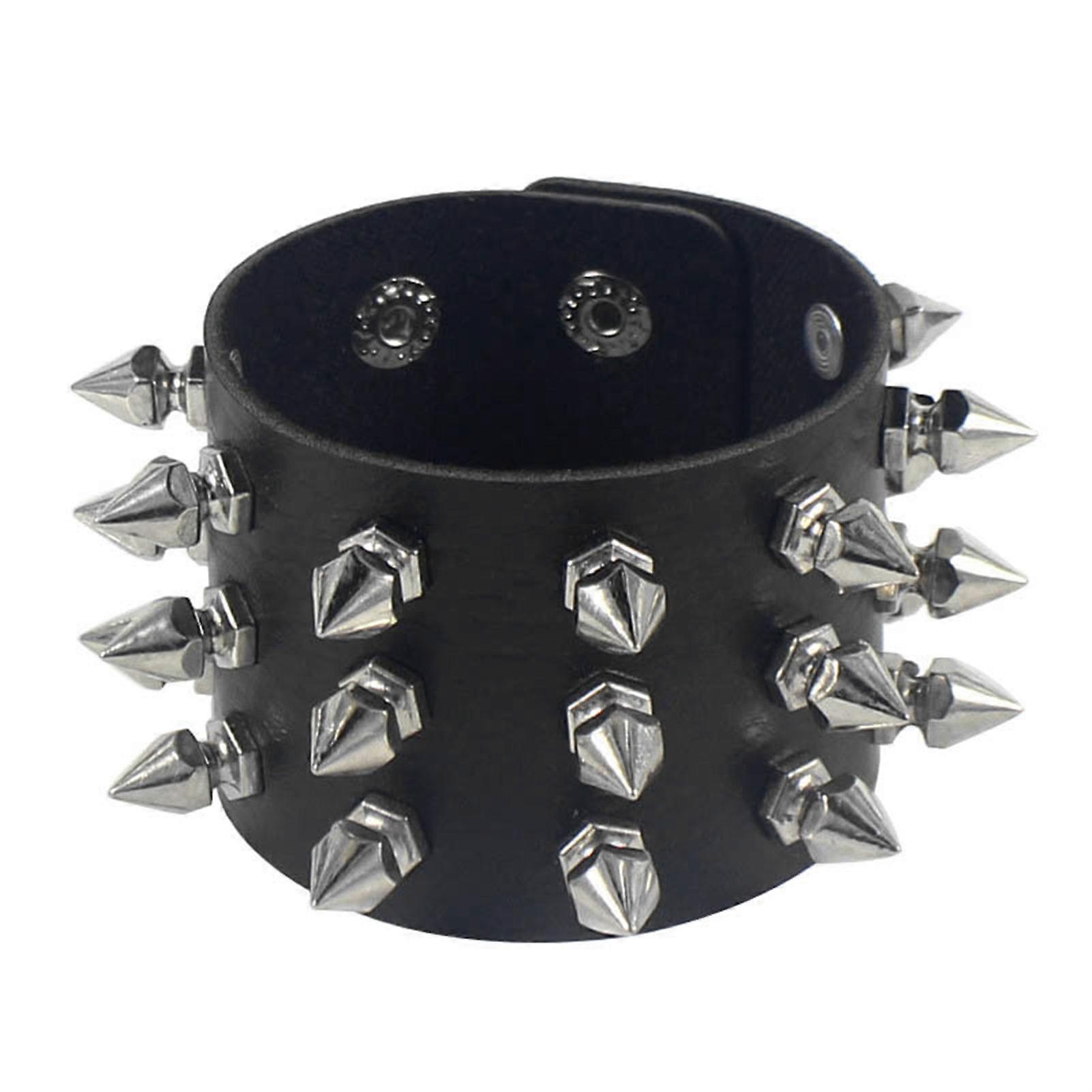 Retro Punk Bracelet with Three Rows Studded Wide Strap PU Leather Cuff Bracelet for Stage Performance Cosplay Prop