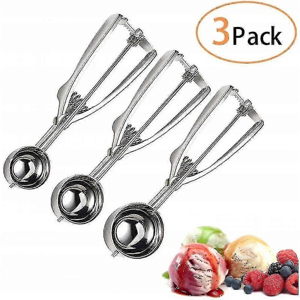 ice Cream Spoon In Stainless Steel-3 Ice Spoons For Ice Cream, Dough, Melon-ice Spoon With Trigger-3