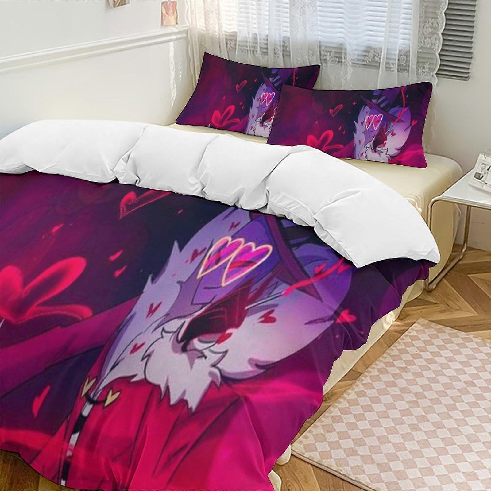 v127 Hazbin Hotel 2 Cama Capa de Edredom Conjuntos de Cama de Microfibra Conjuntos de Edredom Leve de 3 Peças, 1 Capa de Edredom e 2 Fronhas para Crianças aa127