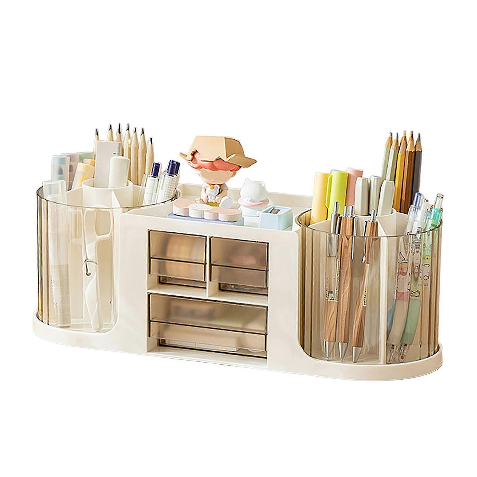 360 Degree Rotating Pen Holder Storage Box with 2 Swivel Pencil Organizers 3 Drawers Versatile Desk Organizer Office Supplies