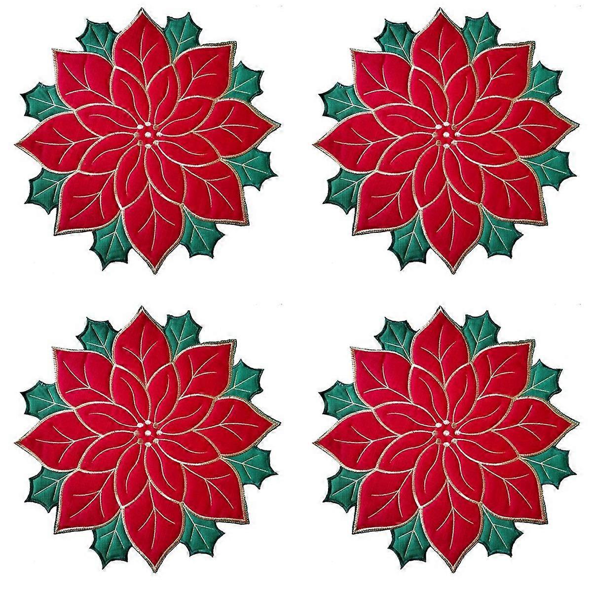 Holiday Christmas Embroidered Placemats Applique Poinsettia Placemats Christmas Flower Placemat for