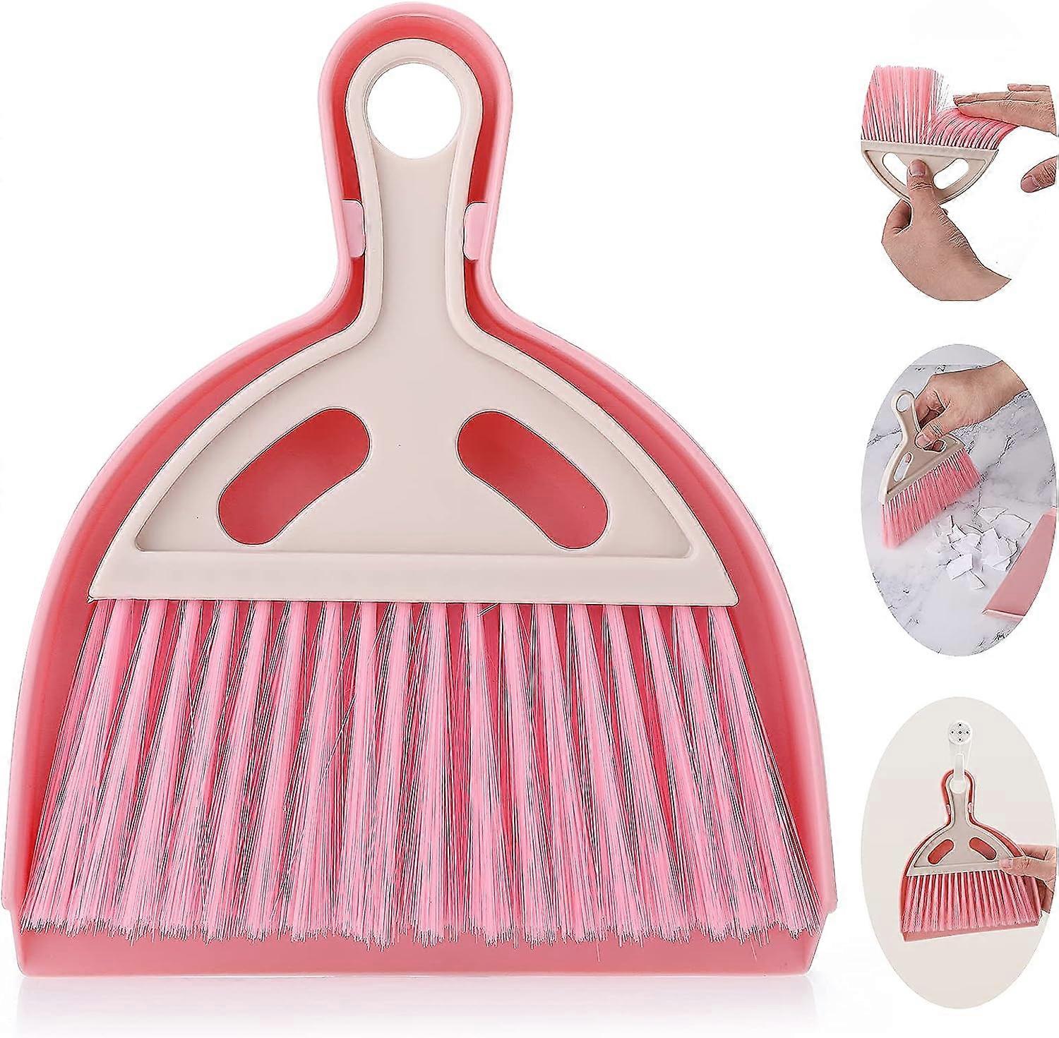 Small broom dustpan cleaning set with handle portable desktop dustpan desktop debris soft hair household cleaning tool (pink)