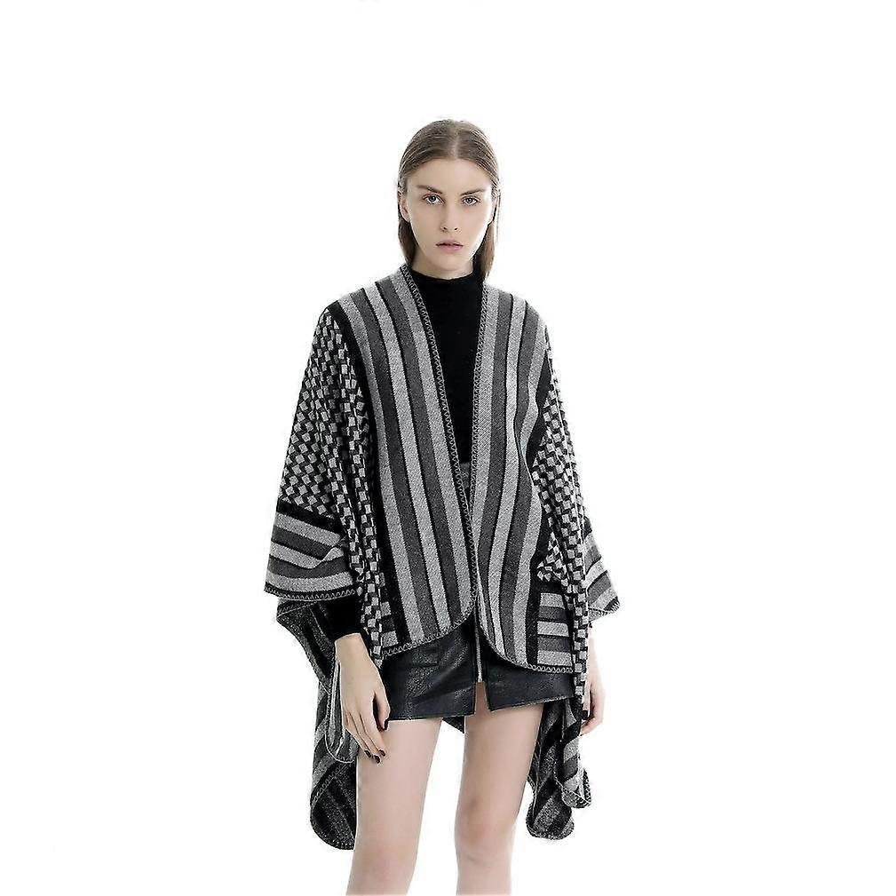 Warm Shawl Open Front Poncho Winter Coat with Geometric Pattern for Lady