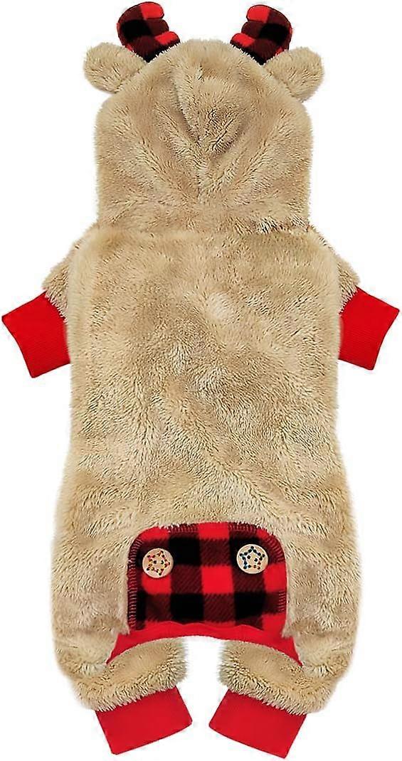 XS Dog Pajamas Christmas Reindeer with Hood Red Buffalo Check Dog Pjs for Small Dogs Pet Pajamas Holiday