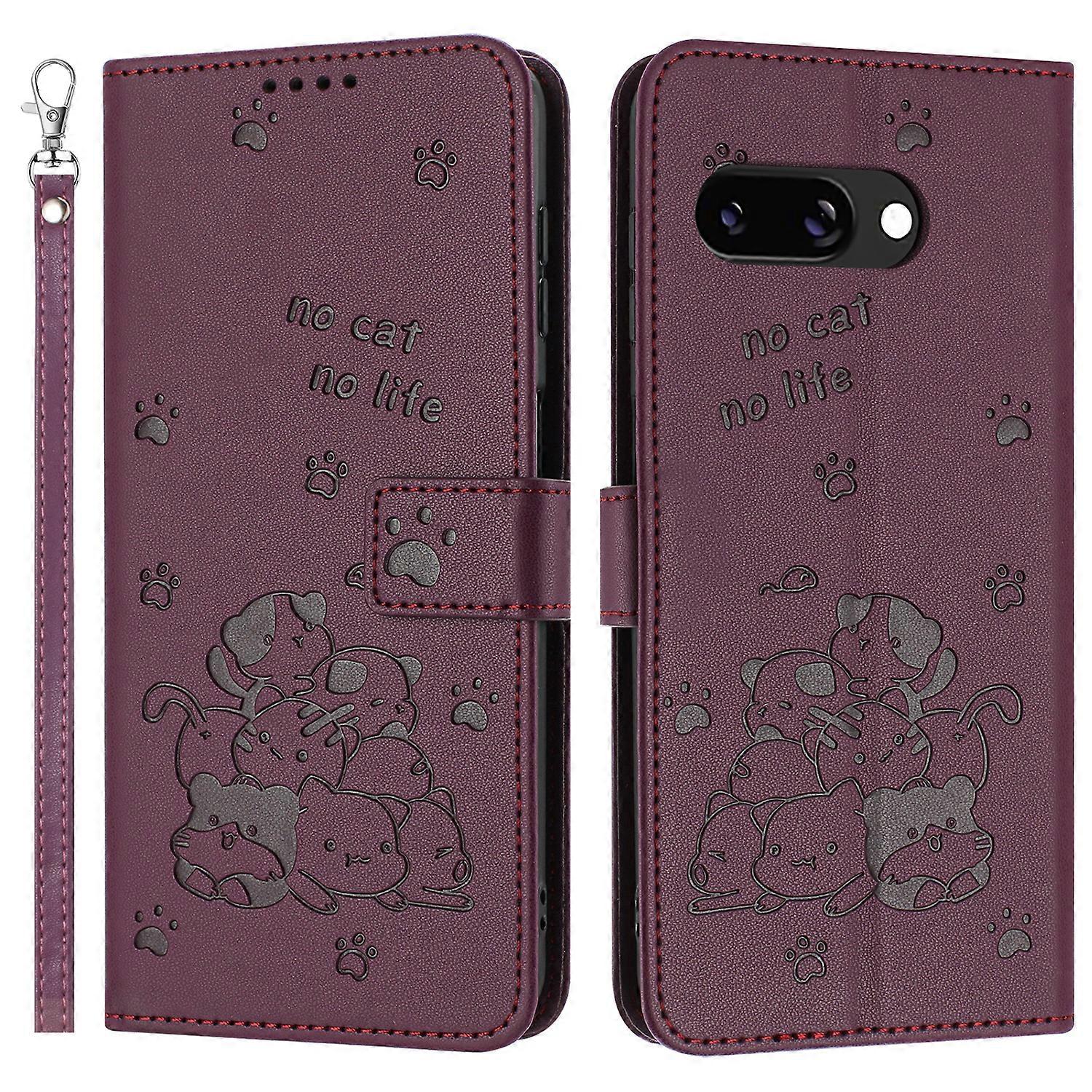 For Google Pixel 9a Case with Strap Cats Imprint Leather Wallet Phone Cover