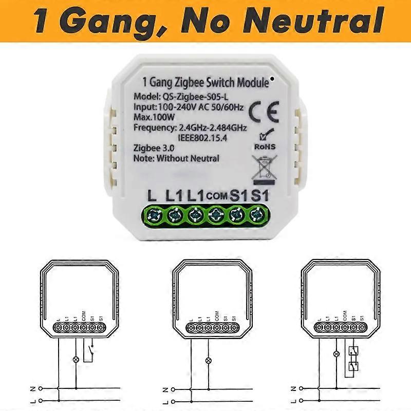 Tuya Zigbee 3.0 Switch Light Mini Switch Module No Neutral Wire No Capacitor 1 2 Gang, Support Home Assistant via Zigbee2mqtt