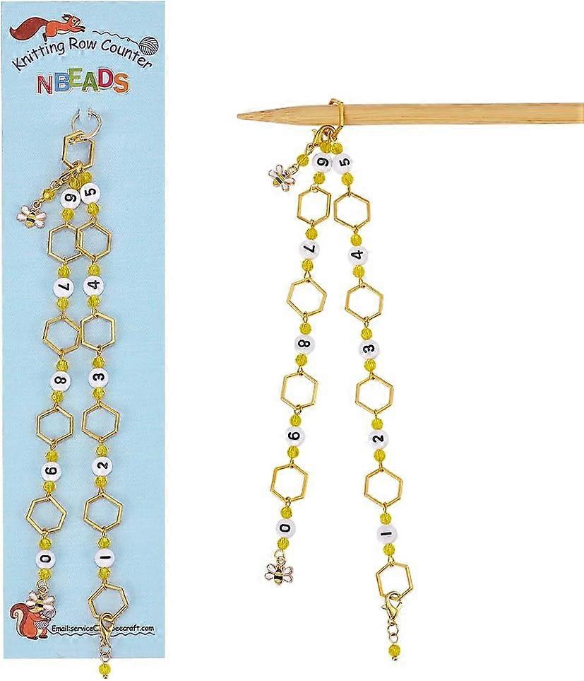 2 Pcs Bee Charm Knitting Row Counter Chains Hexagon Ring Row Counter Chains Acrylic Number Stitch Marker with Glass Beads for Knitting Crochet Trackin
