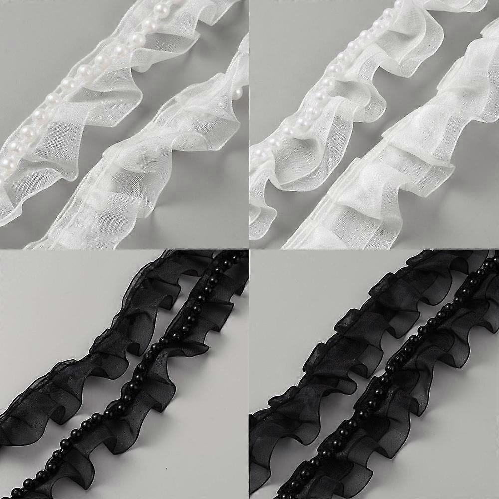 4 Styles Polyester Pleated Lace Trims with Imitation Pearl Beads Mixed Color 1~1-3/8 inch(25~35mm)