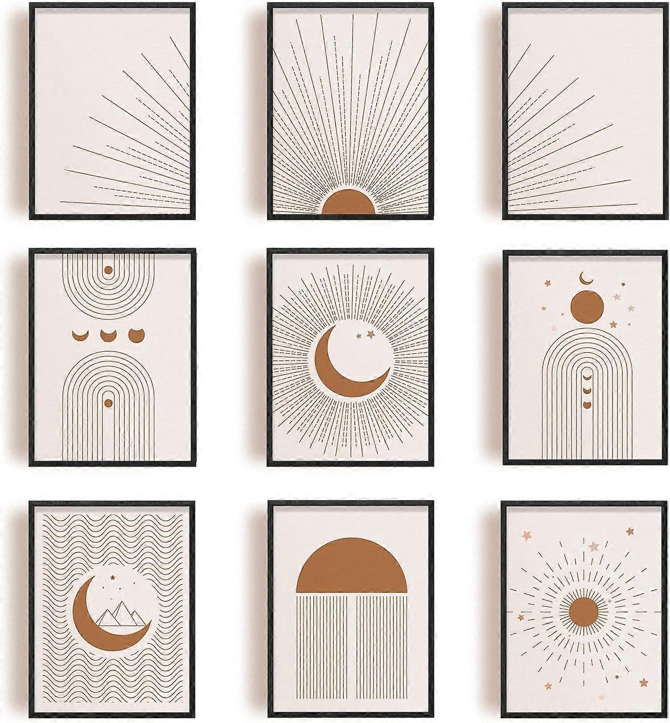9 Pcs Bohemian Style Unframed Canvas Prints Wall Decor Abstract Geometric Canvas Wall Art Prints Sun Moon Canvas Print Painting Room Decor Wall Unfram