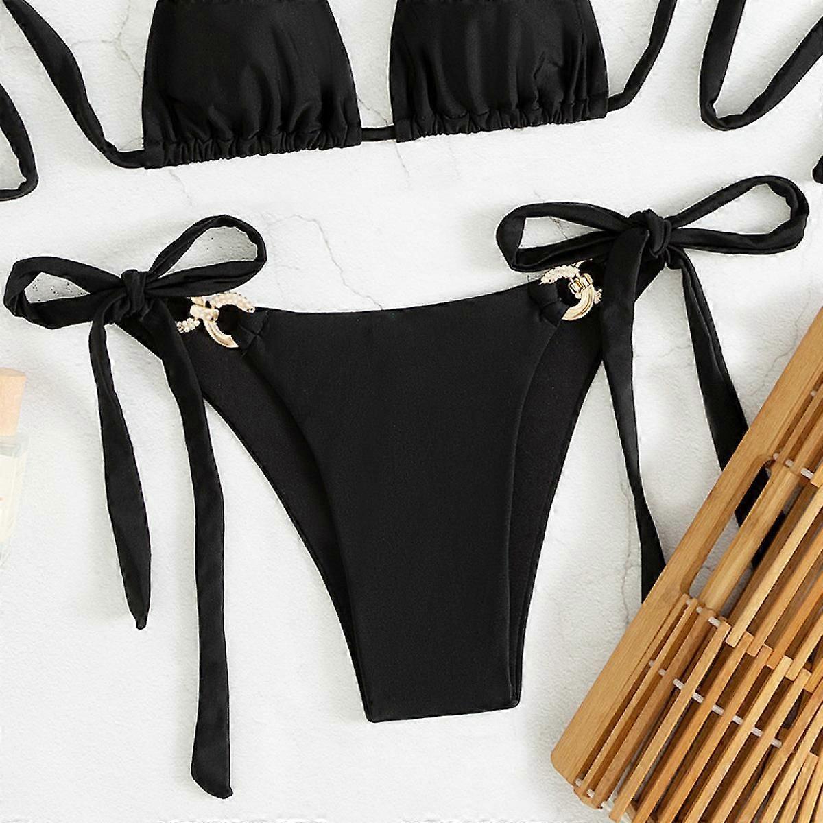 Women's Ribbed O-Ring String Padded Low Waisted Bikini Set Swimsuit,Black,L