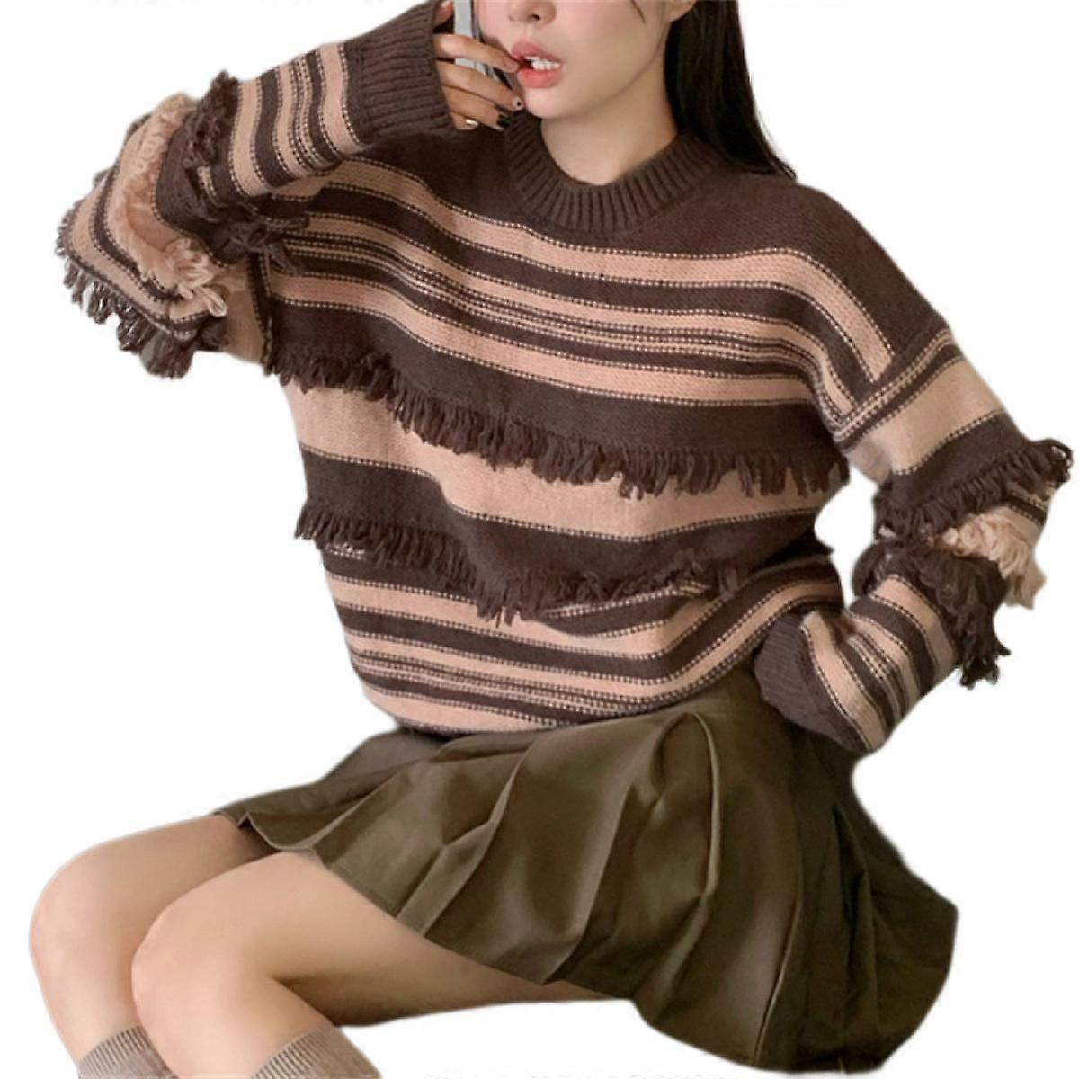 Damenmode Langarm Gestreifter Farbblock Gestrickter Pullover Rundhalsausschnitt Loose Pullover Pullover Pullover Tops