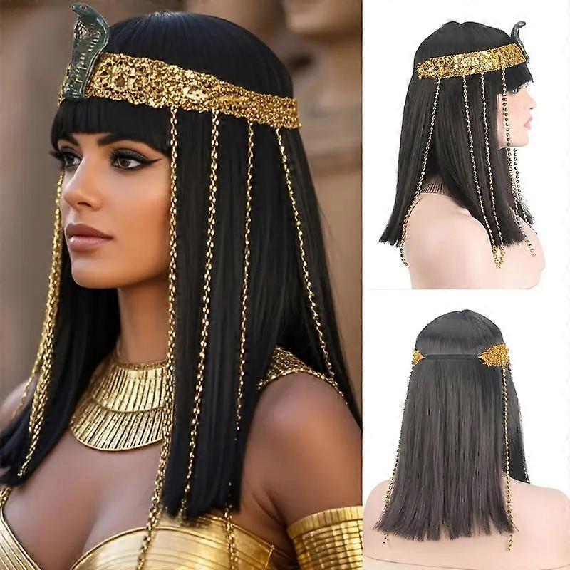 Perruque de cosplay Cléopâtre, perruque droite pour femmes de 12 pouces avec frange