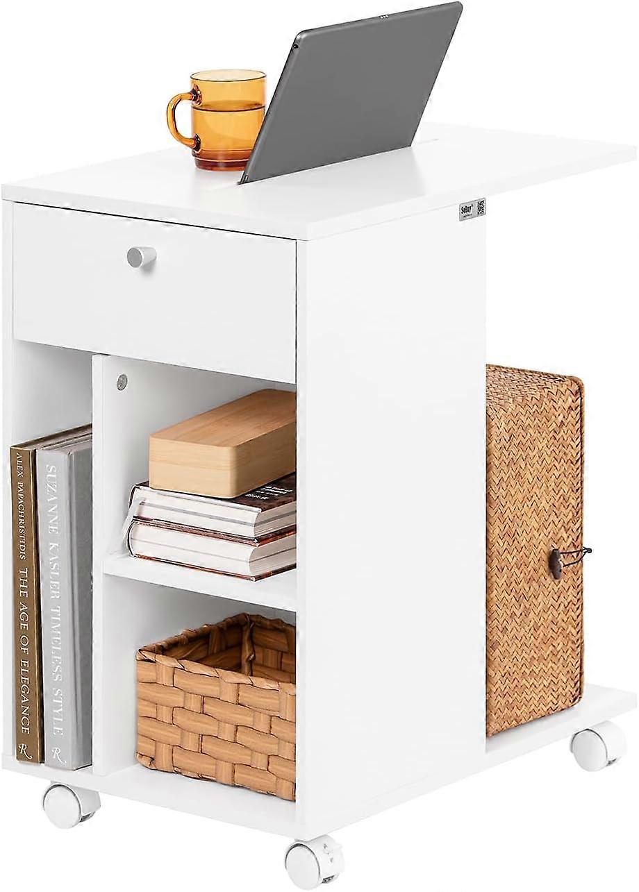SoBuy FBT148-W, Table d'appoint mobile en forme de C, table basse sur roulettes, table de chevet, table d'appoint avec 1 tiroir et 3 compartiments ouverts pour le salon