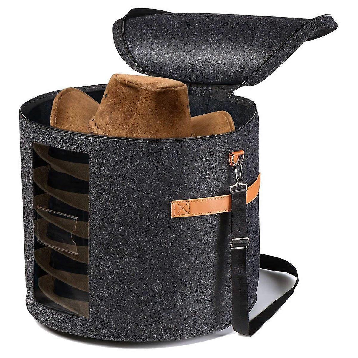 Round Hat Storage Box - Foldable Hat Box with Lid Dark Grey