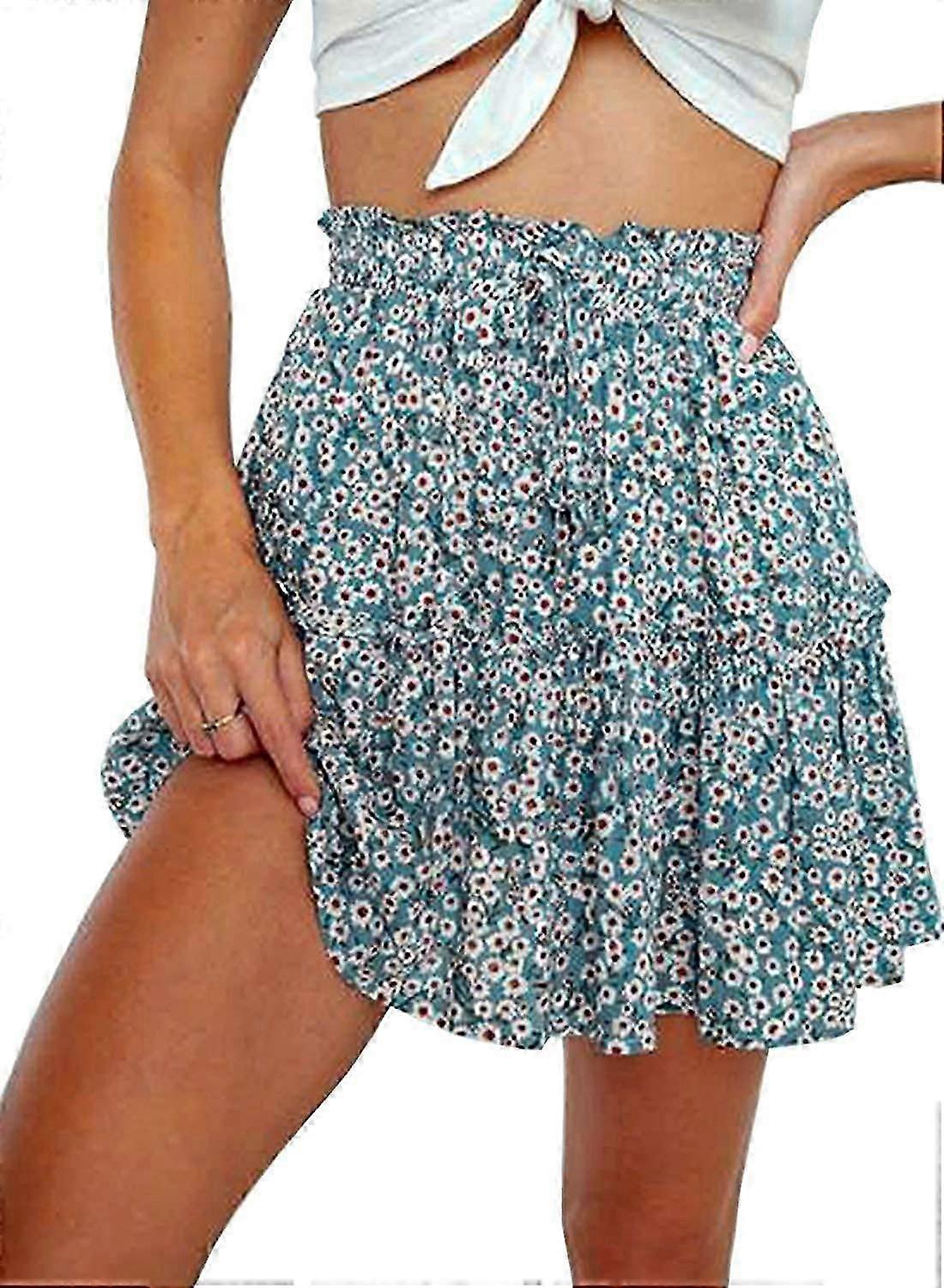 "Women's Floral Print High Waist with Drawstring Ruffle Flared Boho A Line Skater Mini Skirt S-2XL"