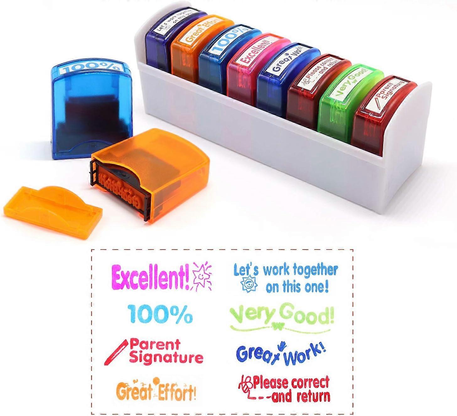 8-Piece Colorful Self-Inking Motivation School Grading Teacher Stamp Set and Tray