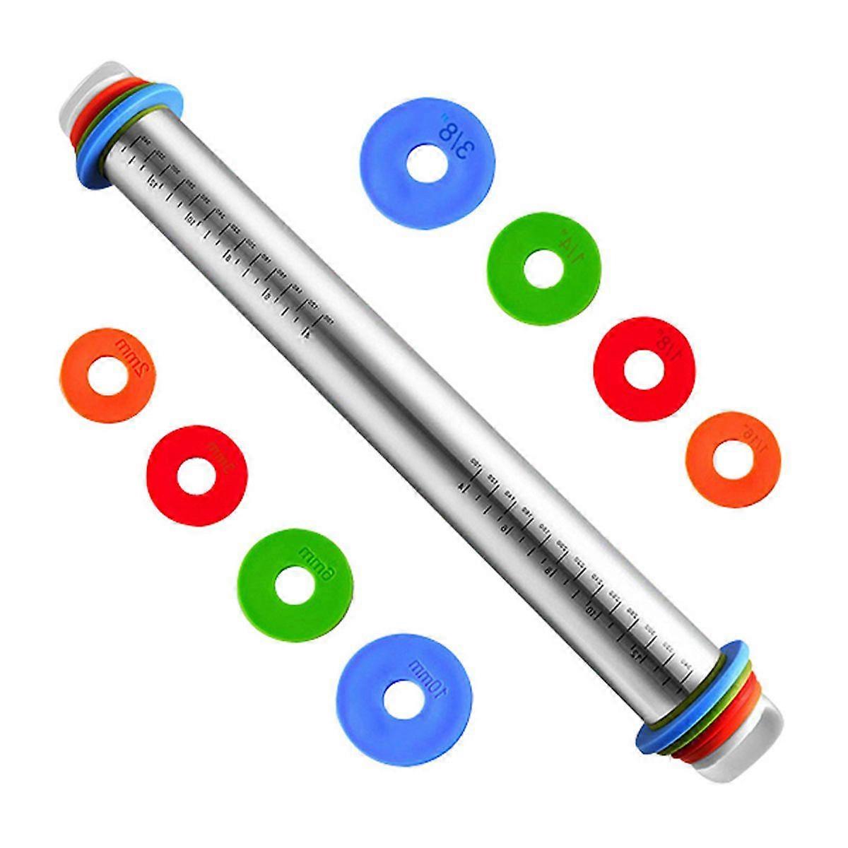 Adjustable Rolling Pin with Spacer Discs for Baking
