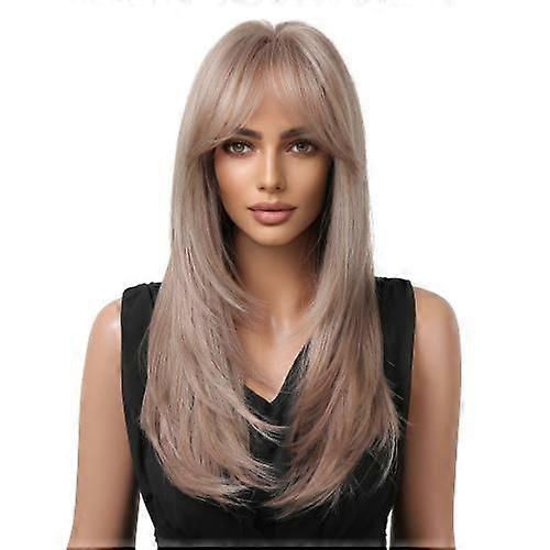 Ombre Gray Synthetic Long Straight Hair Wigs 24 inch With Bangs For Women Mid Length Layered Natural Wigs Cosplay